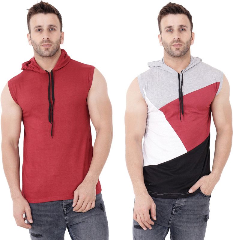 Pack of 2 Faizaan Men Solid Hooded Neck Cotton Blend Multicolor, Maroon T-Shirt
