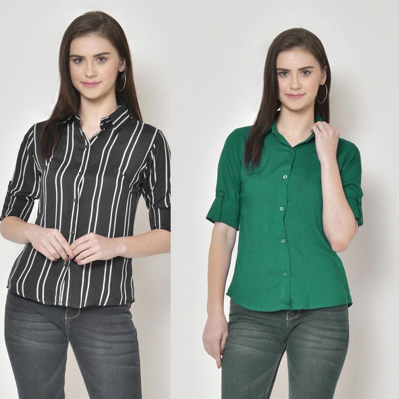 Women Slim Fit Striped Spread Collar Casual Shirt  (Pack of 2)
