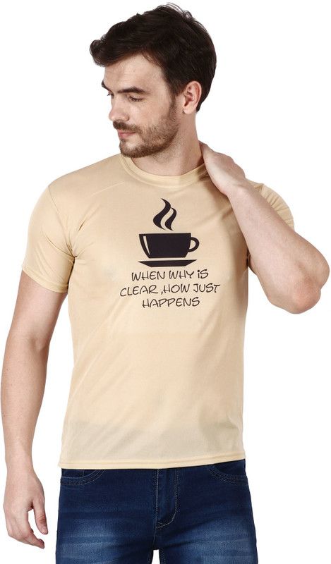 Men Printed Round Neck Polyester Beige T-Shirt