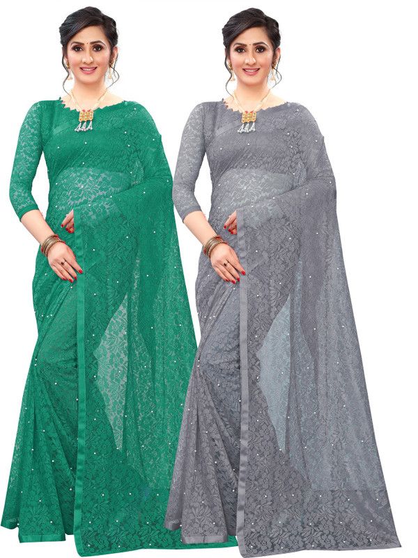 Self Design Bollywood Net Saree  (Pack of 2, Dark Green, Grey)