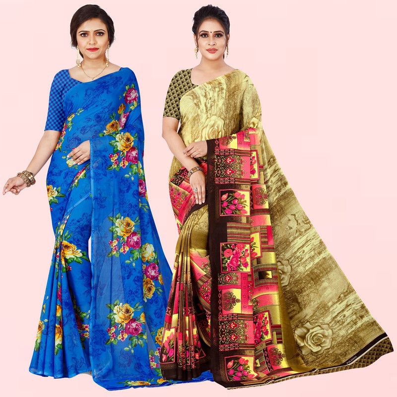Printed Bollywood Georgette Saree  (Pack of 2, Blue, Beige)