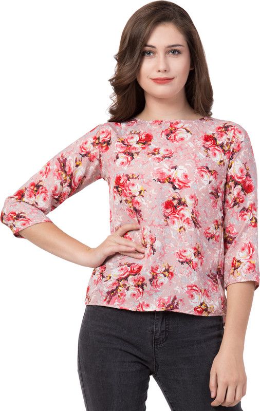 Women Floral Print Round Neck Polyester Pink T-Shirt
