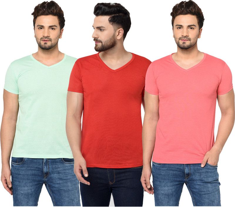 Pack of 3 V neck Combo T-shirts Multicolor Men Solid V Neck Cotton Blend Red, Pink, Light Green T-Shirt