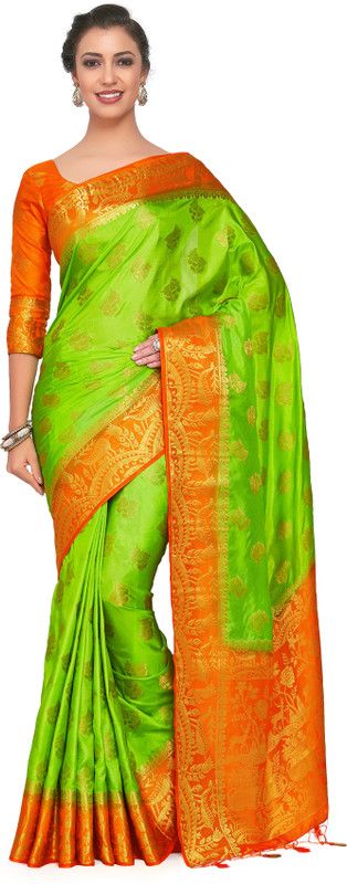Embellished Kanjivaram Art Silk Saree  (Green)
