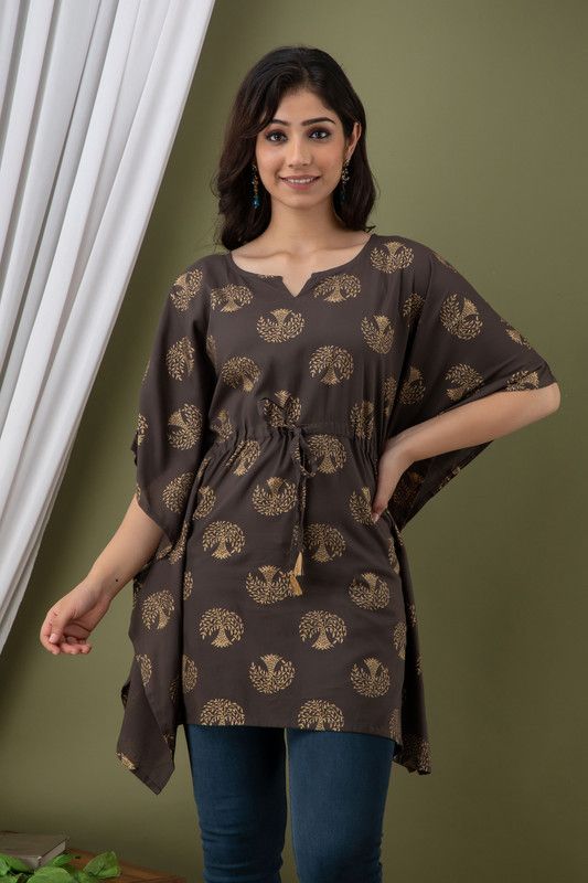 Casual Kaftan Sleeve Printed Women Brown Top
