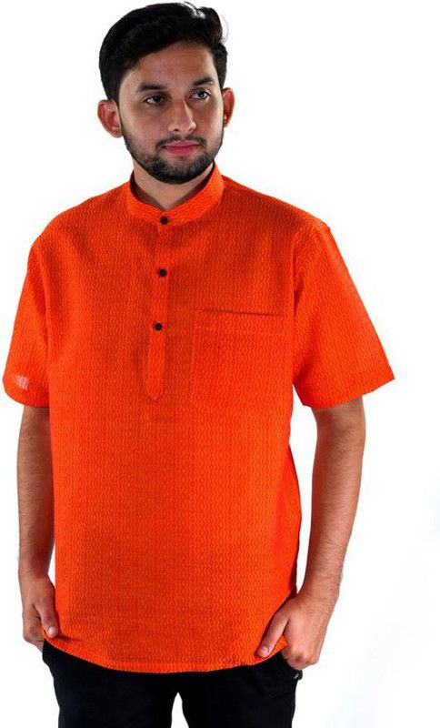 Men Printed Pure Cotton Straight Kurta  (Orange)