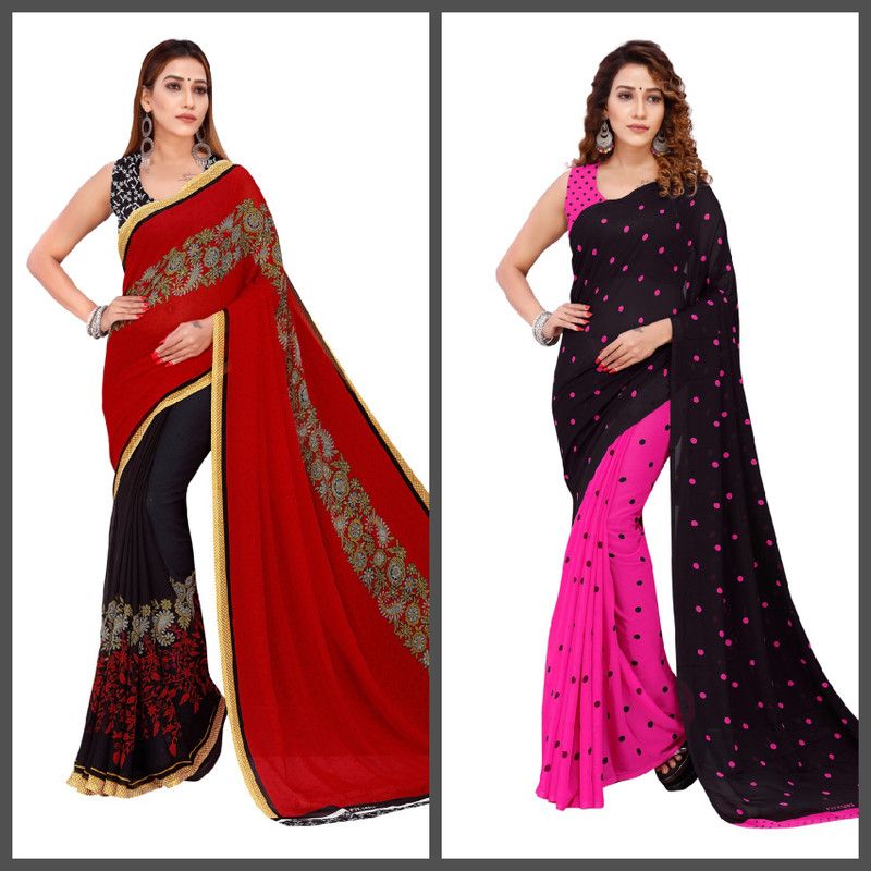 Daily Wear Georgette Saree  (Black, Pink, Red)