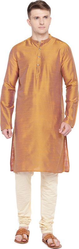 Men Self Design Art Silk Straight Kurta  (Yellow)