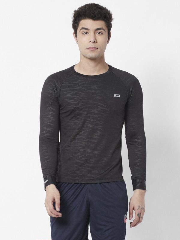 Men Self Design Round Neck Elastane Black T-Shirt