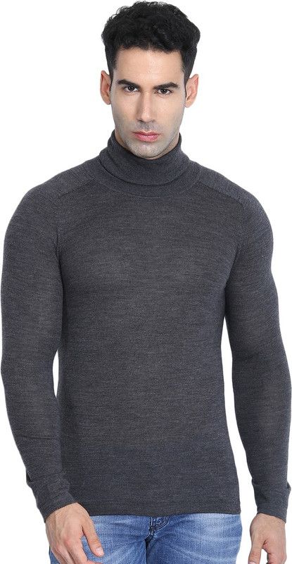Men Self Design Turtle Neck Grey Sweater