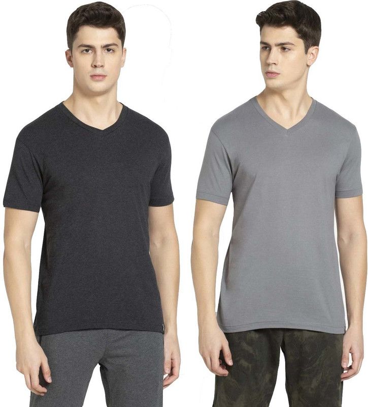 Pack of 2 Men Solid V Neck Pure Cotton Multicolor T-Shirt