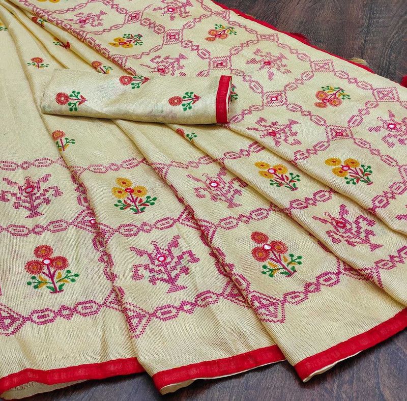 Fashion Cotton Jute Saree  (Beige, Pink)