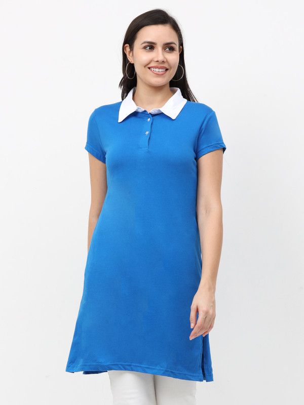 Women Solid Polo Neck Pure Cotton Blue T-Shirt