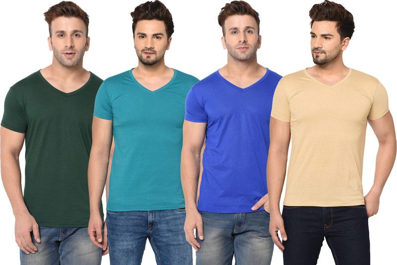 Pack of 4 Men Solid V Neck Reversible Cotton Blend Multicolor T-Shirt