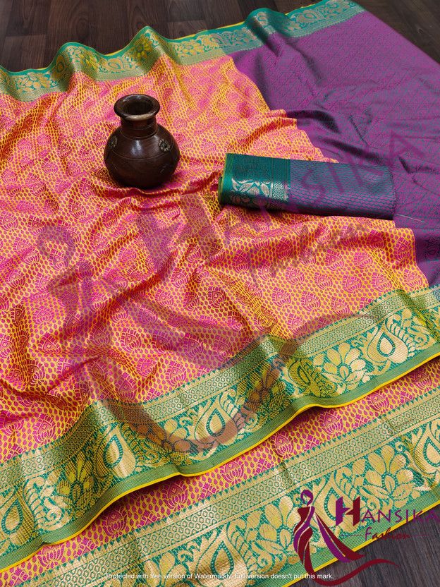 Floral Print Kanjivaram Art Silk Saree  (Pink)
