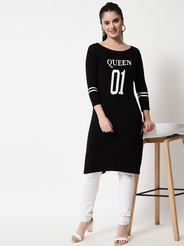 Women Typography Boat Neck Cotton Blend Black T-Shirt