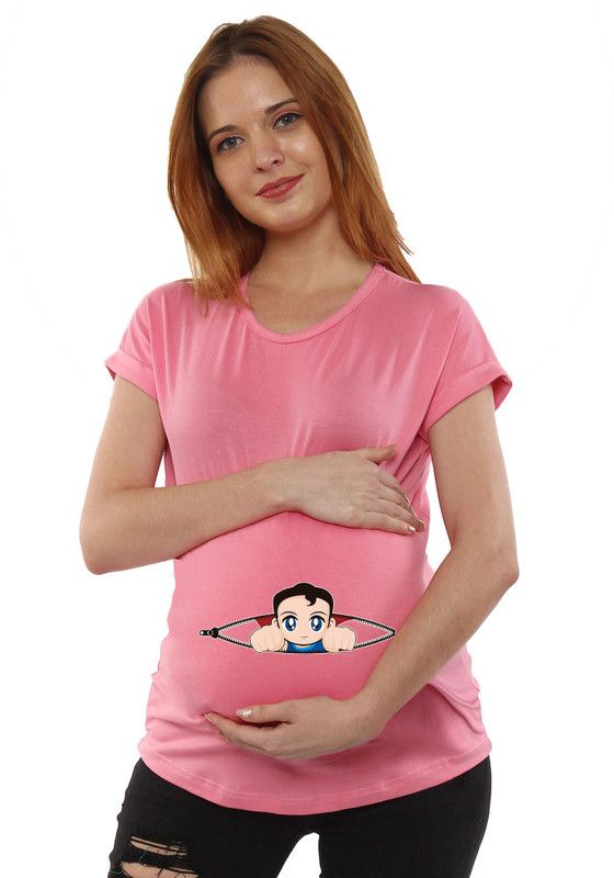 Sillyboom Maternity FIRST TIME MOMMY Print Design T-Shirt for Pregnant Women Women Graphic Print Round Neck Cotton Blend Pink T-Shirt
