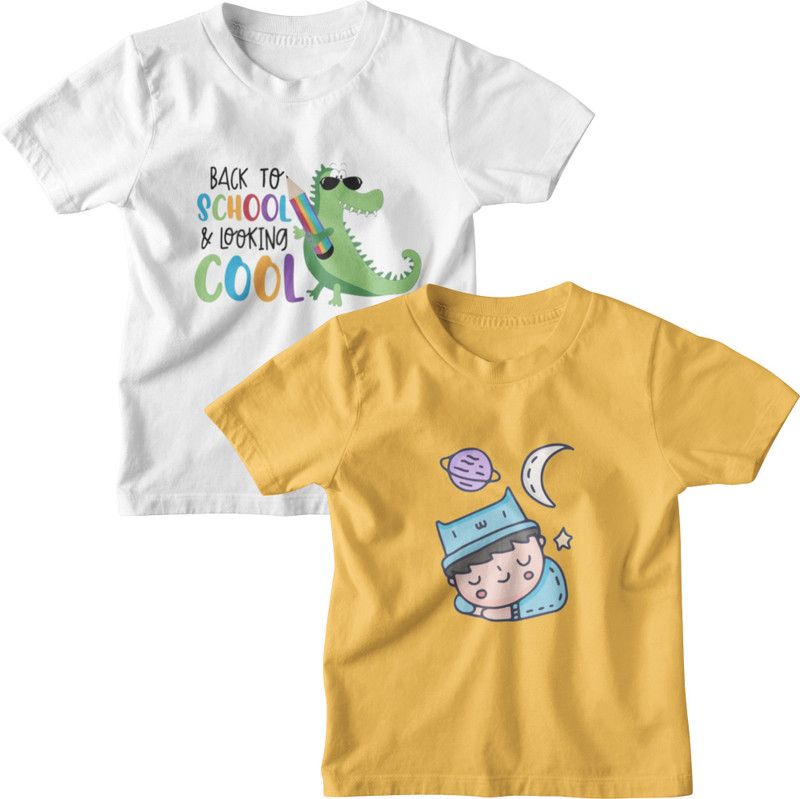 Boys & Girls Printed Pure Cotton T Shirt  (Yellow, Pack of 2)