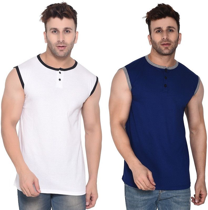 Pack of 2 Men Solid Henley Neck Cotton Blend White, Blue T-Shirt