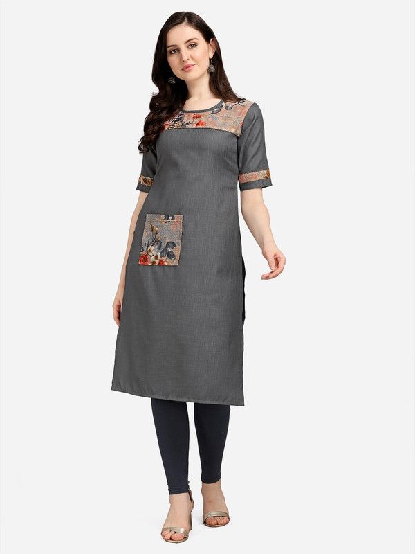 Women Applique Cotton Blend Straight Kurta  (Grey)