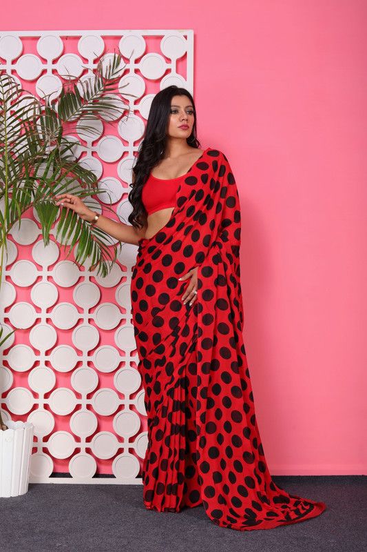 Daily Wear Georgette Saree  (Red, Black)