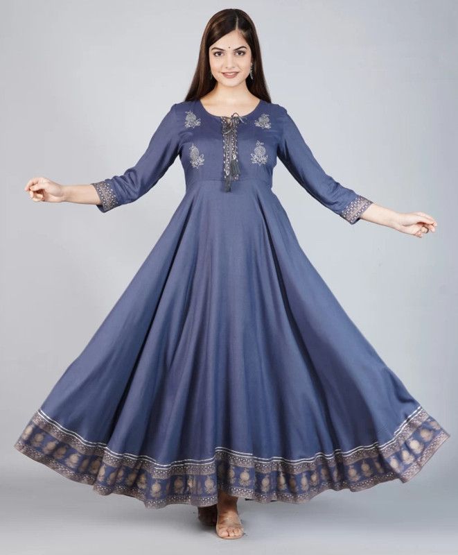 Printed Rayon Blend Stitched Flared/A-line Gown  (Light Blue)