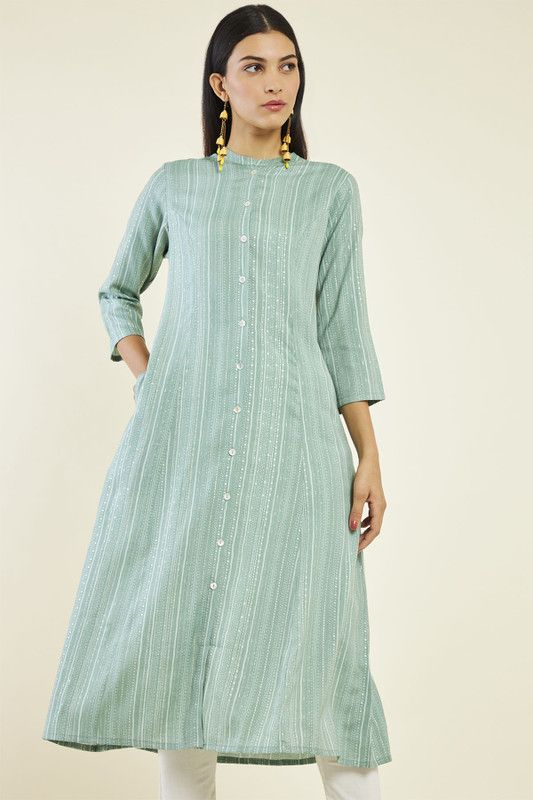 Women Striped Viscose Rayon A-line Kurta  (Light Green, White)