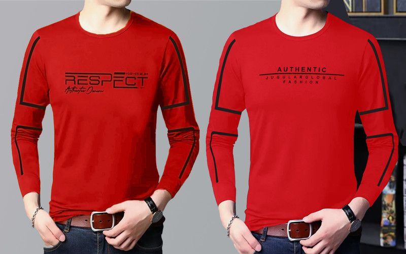 Pack of 2 Men Printed Round Neck Cotton Blend Red T-Shirt