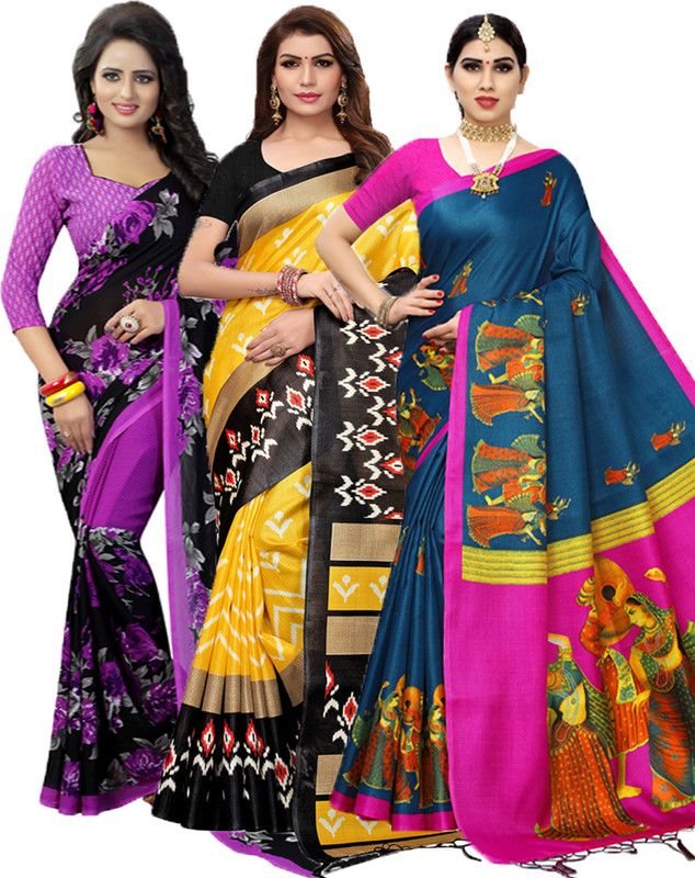 Printed Bollywood Georgette Saree  (Pack of 3, Purple, Yellow, Pink)