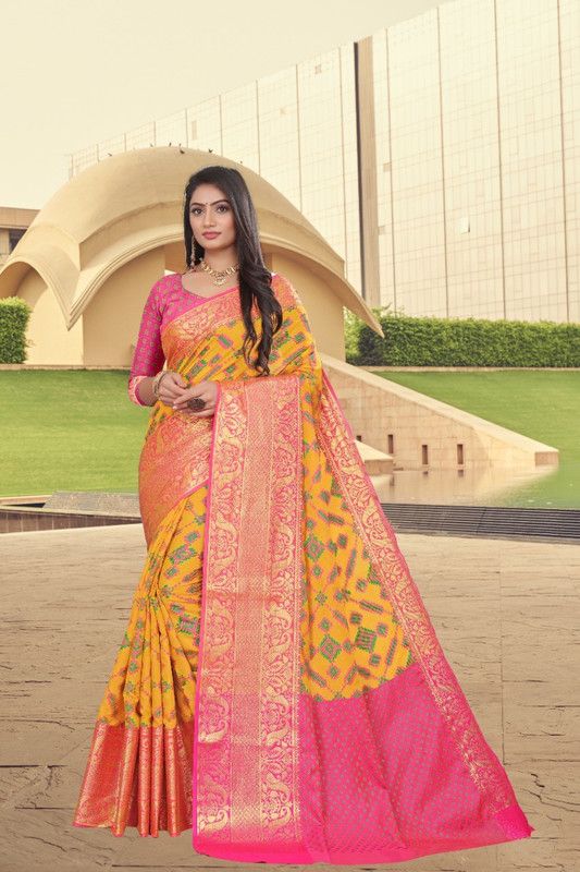 Self Design Patola Cotton Silk Saree  (Yellow)