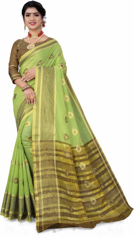 Banarasi Cotton Linen, Cotton Silk Saree  (Green)
