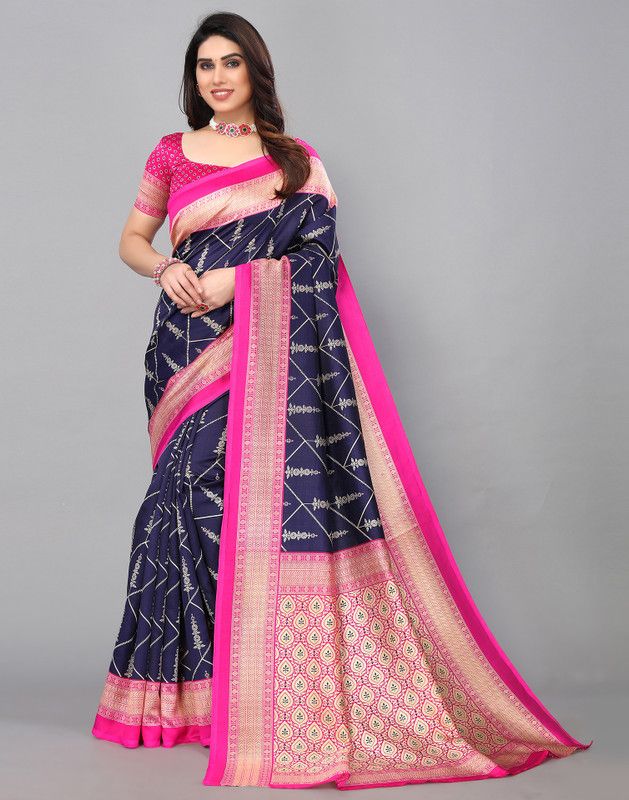 Geometric Print Bhagalpuri Silk Blend Saree  (Blue)