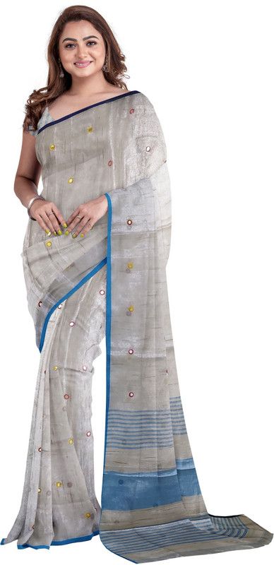 Embellished Daily Wear Silk Blend, Tissue Saree  (Silver)