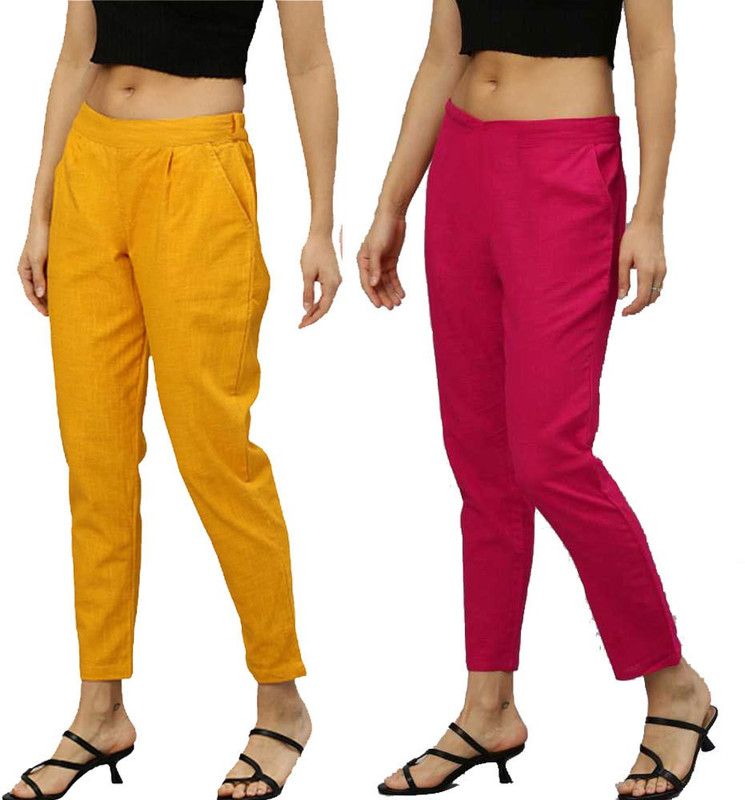 Pack of 2 Women Regular Fit Yellow, Pink Pure Cotton Trousers