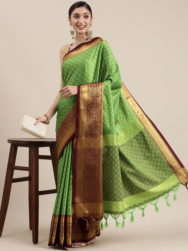 Polka Print Banarasi Cotton Silk Saree  (Green)