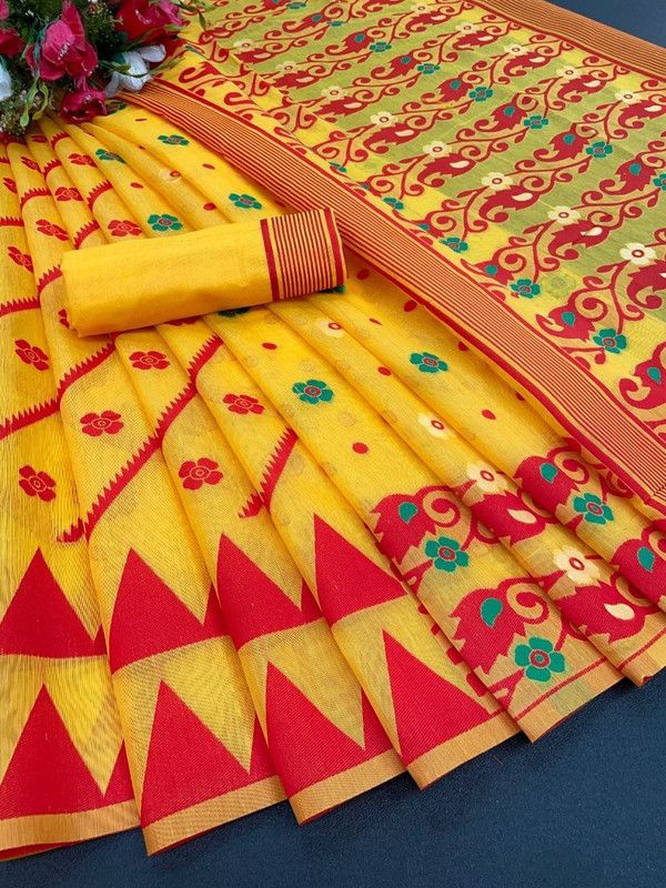 Woven Mekhela Chador Pure Silk Saree  (Yellow, Red)