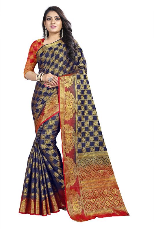Embellished Banarasi Nylon Saree  (Dark Blue)