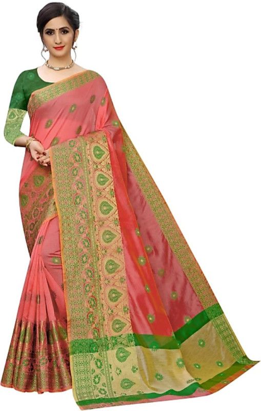 Self Design, Woven, Floral Print Banarasi Cotton Blend, Cotton Silk Saree  (Pink)