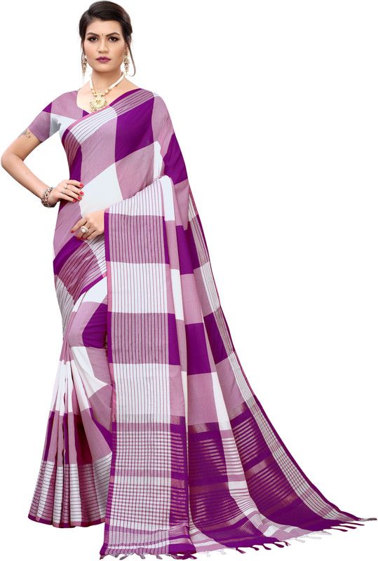 Color Block, Blocked Printed, Striped, Checkered Handloom Cotton Silk Saree  (Purple)