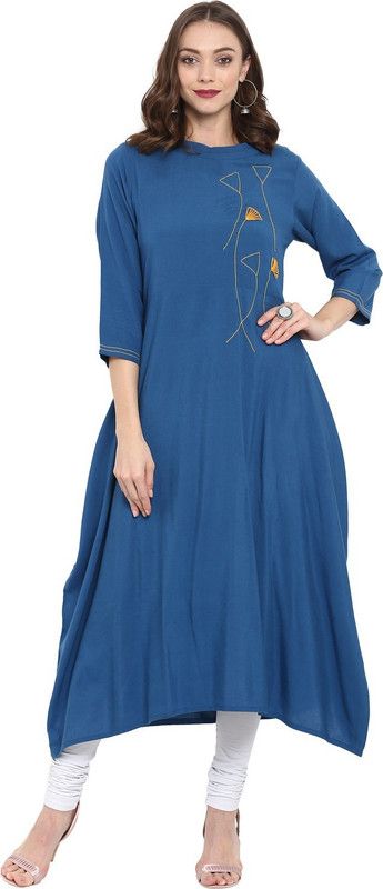 Women Embroidered Cotton Linen Anarkali Kurta  (Blue)