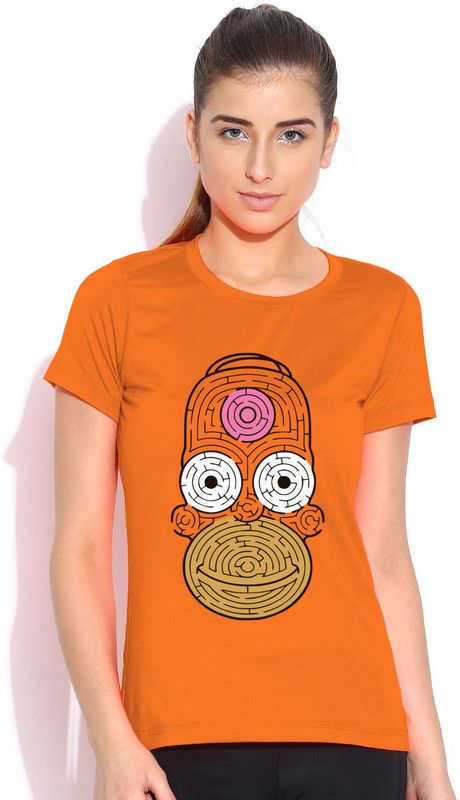 Women Graphic Print Round Neck Cotton Blend Orange T-Shirt