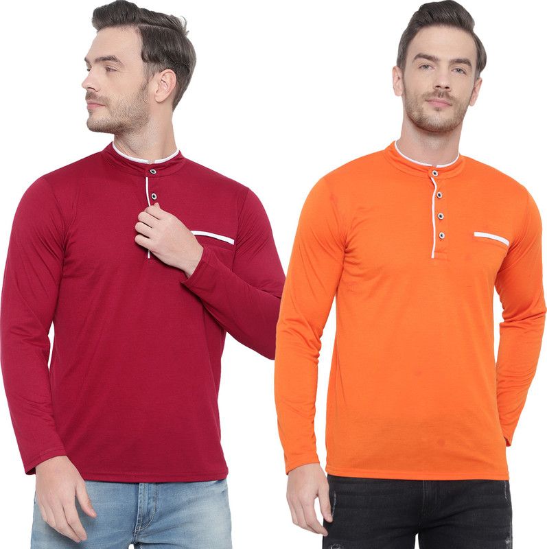 Pack of 2 Roman Henley Neck Men Solid Henley Neck Cotton Blend Red, Orange T-Shirt