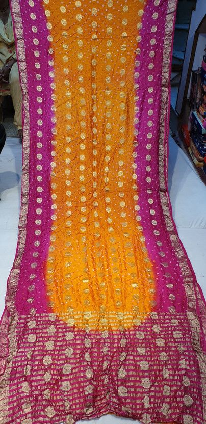 Printed Bandhani Jacquard, Art Silk Saree  (Pink, Orange)