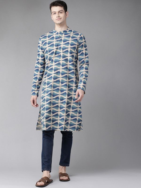 Men Printed Pure Cotton Straight Kurta  (Blue, Beige)
