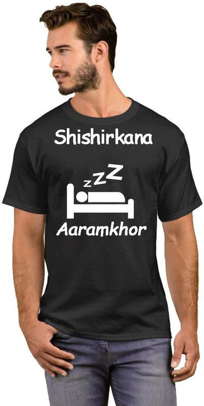 Shishirkana Lazy College Student 32 Men Printed Round Neck Cotton Blend White, Black T-Shirt