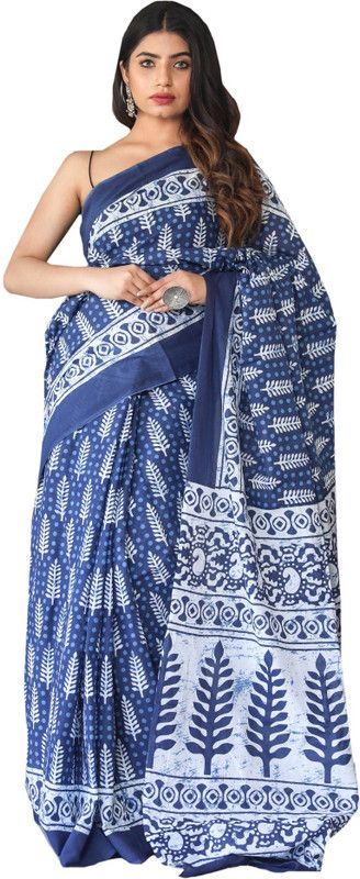 Printed Kalamkari Pure Cotton Saree  (White, Blue)