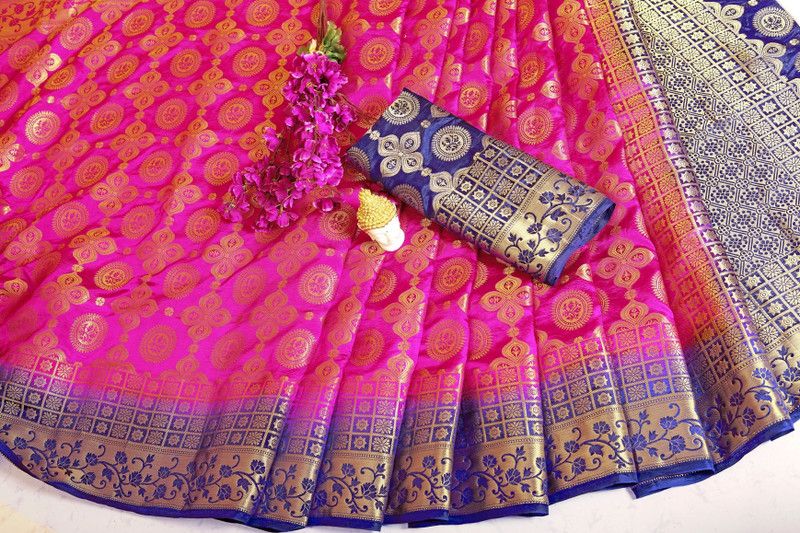 Woven Kanjivaram Tussar Silk, Cotton Silk Saree  (Pink)