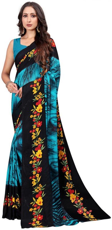 Floral Print Daily Wear Pure Silk Saree  (Blue, Black)