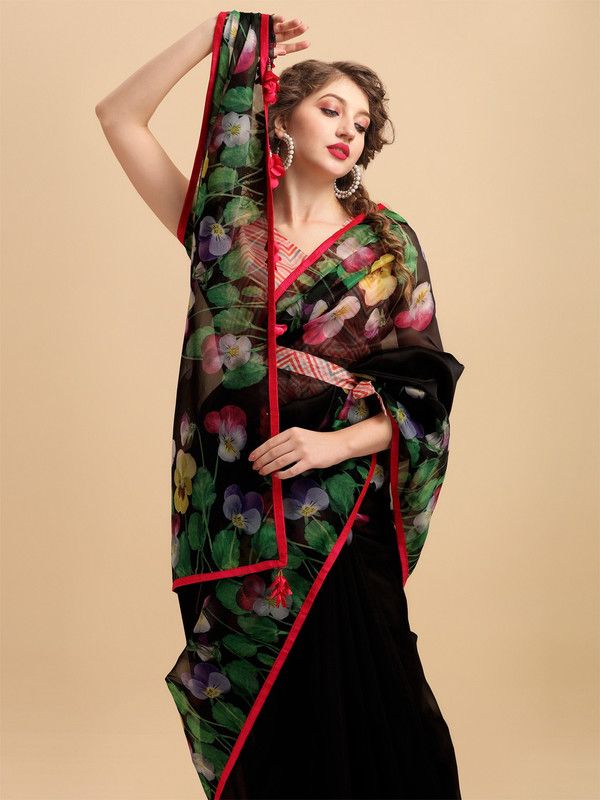 Printed Bollywood Organza Saree  (Black)