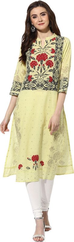 Women Floral Print Cotton Blend Straight Kurta  (Red, Yellow)